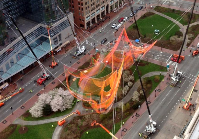 Boston installation rising above the Rose Kennedy Greenway.